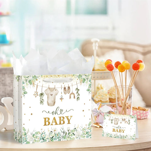13 Inch Large Baby Gift Bag With Tissue Paper Greeting Card And Handle All In One Baby Shower Gift Set For Boys And Girls
