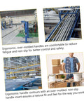Factory setting with machinery, pipes, and a worker holding boxes, emphasizing ergonomic handles for Heavy Duty Hand Seamer Tool.