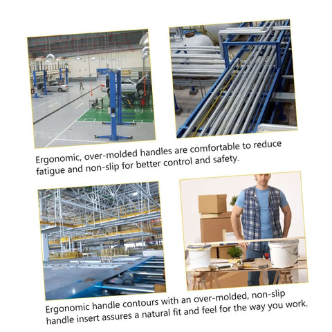 Factory setting with machinery, pipes, and a worker holding boxes, emphasizing ergonomic handles for Heavy Duty Hand Seamer Tool.