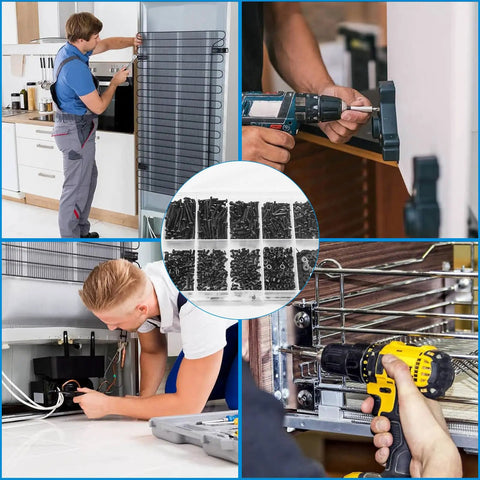 Collage showing Eight Sizes M2 Pan Head Phillips Machine Screws Set 4mm To 20mm Black Carbon Steel Fasteners Kit in use