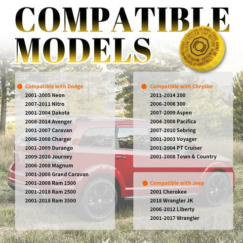 Compatibility chart for Brake Fluid Cap Replacement Master Cylinder Cap OEM 4683656AB showing Dodge, Chrysler, Jeep models.