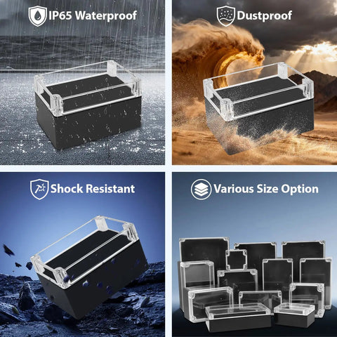 Weatherproof Electrical Junction Box With Clear Cover IP65, shown in various rugged environments and multiple size options.