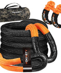 Kinetic Recovery Tow Rope 1.26 Inch By 30 Foot Snatch Strap with soft shackles, black and orange, with carry bag
