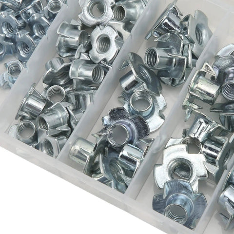 80Pcs T Nuts Threaded Inserts Pronged Tee Nuts Set Built Tough Galvanized Carbon Steel Rustproof Fasteners