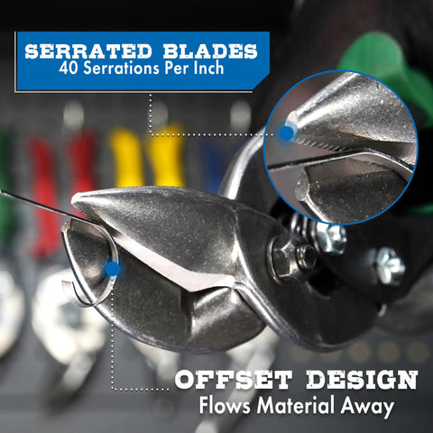 Close-up of Left Cut Offset Aviation Snips Pro Grade For Straight And Tight Left Cuts, stainless steel serrated blades detail