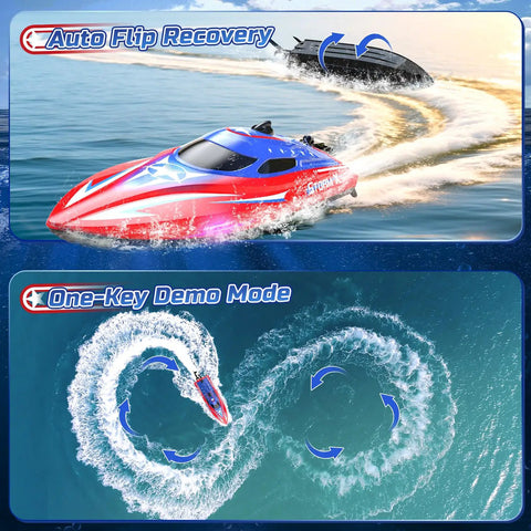 Full Proportional Remote Control Boat for Kids and Adults, 20MPH Plus High Speed Waterproof RC Boat showing auto flip recovery and demo mode