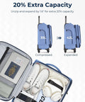 Carry On Luggage For Air Travel 20 Inch Softside Spinner Suitcase with included duffel bag showing expanded capacity to 42L