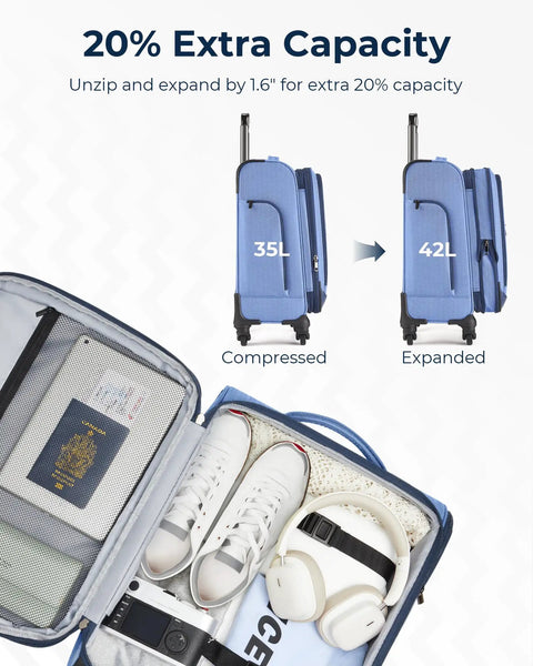 Carry On Luggage For Air Travel 20 Inch Softside Spinner Suitcase with included duffel bag showing expanded capacity to 42L