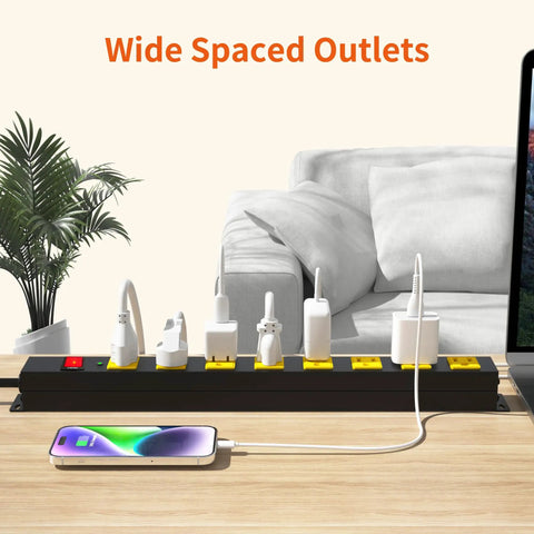 Built Tough Heavy Duty 8 Outlet Power Strip With 2100J Surge Protector, 6 Ft Cord, Wide Spaced Outlets, Wall Mountable Metal Power Strip For Home Office, Garage, And Workshop With Auto Shutdown Fuse on desk
