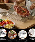 Rolling Grill Basket With Removable Handle 304 Stainless Steel Nesting Grilling Net for Veggies and Shrimp with steak on kitchen counter