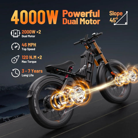 Badass Dual Motor Electric Bike For Adults Packing Four Thousand Watt Motors And A Huge Fifty Two Volt Seventy Ah Battery Cranking Two Hundred Mile Range To Blast Forty Six Mph fat tire close-up with dual motors and torque details.
