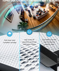 Close-up of 1040 super wick humidifier filter with multi-layer mesh and labeled details over room with people on a couch.