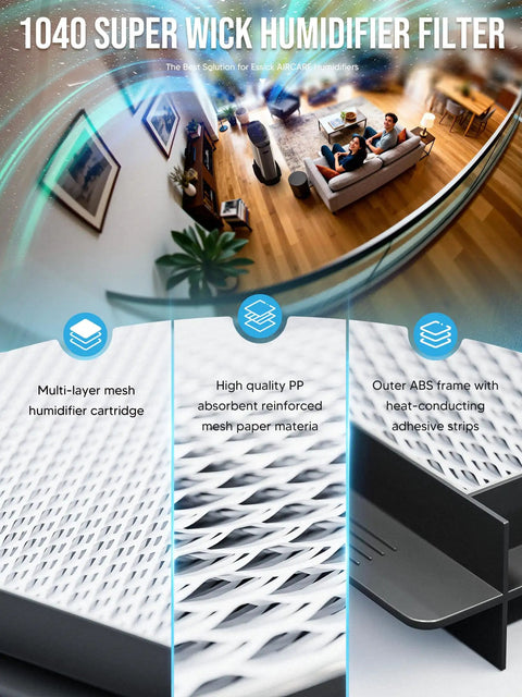 Close-up of 1040 super wick humidifier filter with multi-layer mesh and labeled details over room with people on a couch.