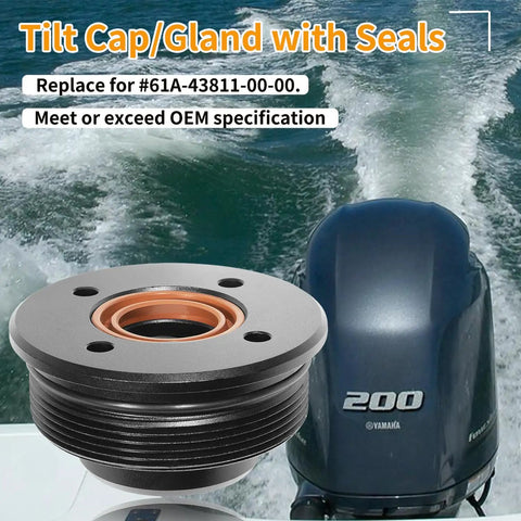 Tilt Cap Gland with Seals for Yamaha Large V6 Outboard Motors, shown with marine engine and wake, fits 1996-2018 models.