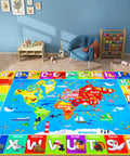Interactive World Map Kids Rug for Playroom and Classroom 110 By 78.7 Inches Educational Geography Carpet With Continents Oceans Landmarks