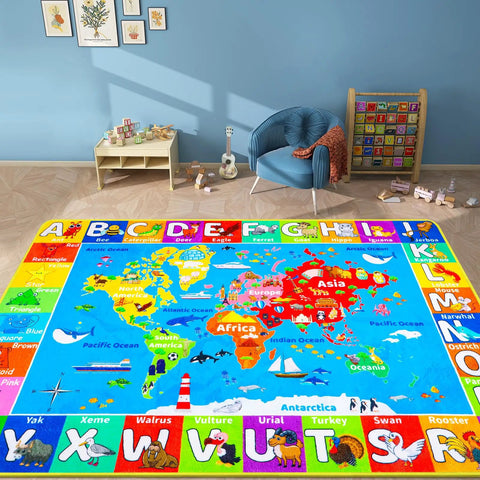 Interactive World Map Kids Rug for Playroom and Classroom 110 By 78.7 Inches Educational Geography Carpet With Continents Oceans Landmarks