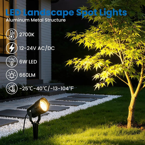 Outdoor evening garden with All In One Low Voltage Landscape Lighting Kit With Six 6W LED Spot Lights illuminating a tree