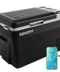 Portable 32 Quart 12 Volt Car Refrigerator And Electric Cooler compact black design with control panel and smartphone app.