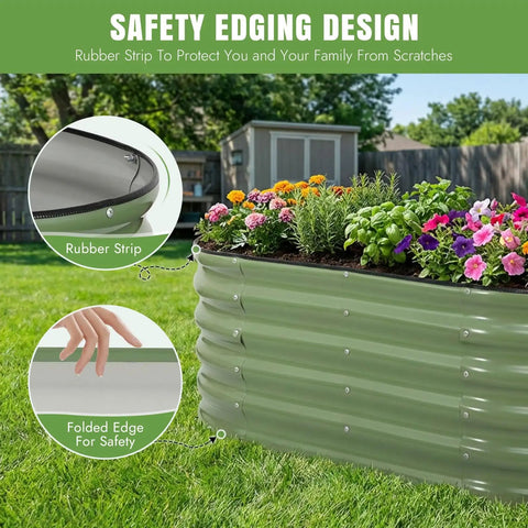 Side view of Galvanized Raised Garden Bed Kit Four By Two By Seventeen Inch Tall Beefy Back Friendly Metal Planter with flowers.