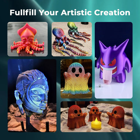 AMOLEN Silk PLA filament bundle; 1.75mm multicolor filament, collage of six colorful 3D-printed models