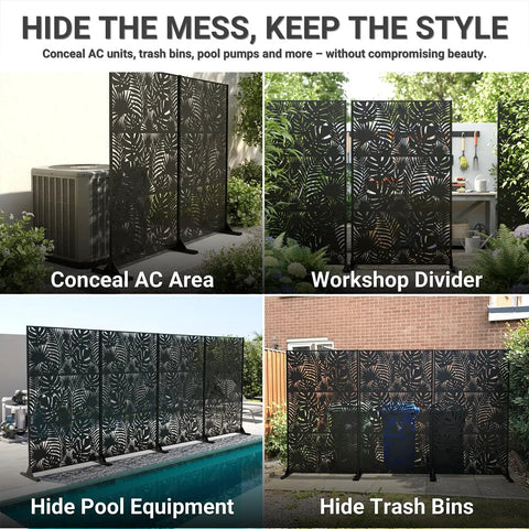 Outdoor Metal Privacy Screen 72 Inch Freestanding Divider Panel With Laser Cut Tropical Leaf Design Weatherproof Steel Garden Fence For Patio Deck Backyard And Balcony Modern Privacy Solution used to conceal equipment and create stylish privacy.