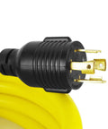 Close-up of the 4-prong plug on the L14-30 Generator Extension Cord 25Ft From L14-30P To L14-30R SJTW 10 Gauge 125/250V cable.