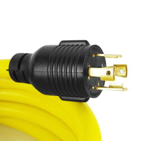 Close-up of the 4-prong plug on the L14-30 Generator Extension Cord 25Ft From L14-30P To L14-30R SJTW 10 Gauge 125/250V cable.