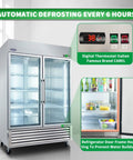 Heavy Duty Badass 54 Inch Commercial Refrigerator With Two Glass Doors And 49 Cubic Feet Capacity showing digital controls and shelves.