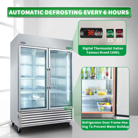 Heavy Duty Badass 54 Inch Commercial Refrigerator With Two Glass Doors And 49 Cubic Feet Capacity showing digital controls and shelves.