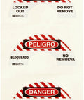 Danger lockout tags in English, Spanish, and French, featuring 'Locked Out - Do Not Remove.'