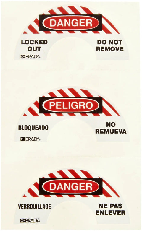 Danger lockout tags in English, Spanish, and French, featuring 'Locked Out - Do Not Remove.'