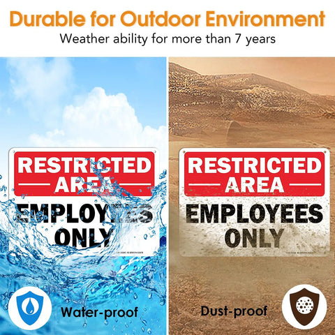 Dang Solid Metal Restricted Area Sign And Employees Only Plate Two Piece Set 10 By 7 Inch Heavy Duty shows signs in water and dust.