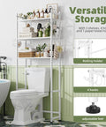 Three Tier Over Toilet Storage Rack With Built In Paper Towel Holder And Heavy Duty Hooks, Smart Bathroom Organizer Shelf positioned above a toilet with decorative items.