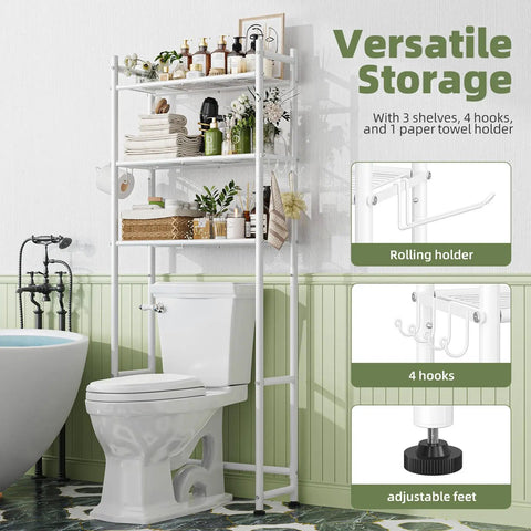 Three Tier Over Toilet Storage Rack With Built In Paper Towel Holder And Heavy Duty Hooks, Smart Bathroom Organizer Shelf positioned above a toilet with decorative items.