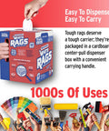 Professional White Rags Center Pull Box 200 Sheets 11 X 10 Inches Made In USA Ultra Absorbent shown with hand dispensing rag