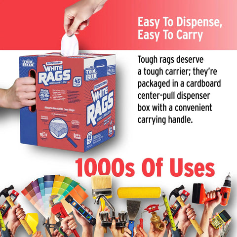 Professional White Rags Center Pull Box 200 Sheets 11 X 10 Inches Made In USA Ultra Absorbent shown with hand dispensing rag