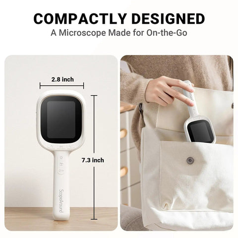 No Fuss Autofocus Digital Microscope With A 2.8 Inch IPS Screen For Quick Sharp Focus And Photo Capture Dual LED Illumination For Clear Detail Simple One Button Use That Anyone Can Master Ideal For Students Hobbyists And Makers, compact size shown in hand
