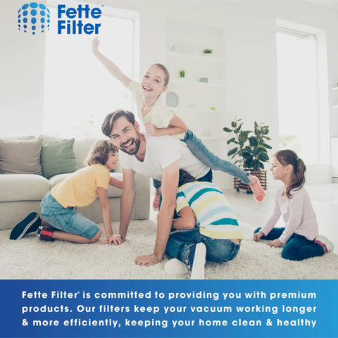 Family playing on carpet in living room symbolizing clean air with Milwaukee M18 Compact Vacuum HEPA Dry Filter Replacement Pack.