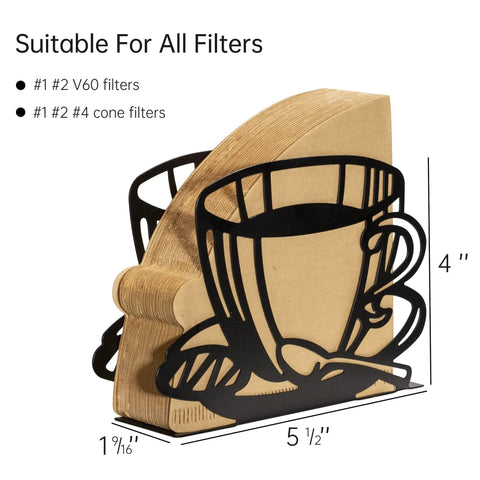Durable Coffee Filter Holder And Paper Storage Rack With Cup Shaped Stand For Fan Shaped T Shaped And Square Paper Filters Must Have For Home Kitchen Restaurant Picnic Or Wedding Accessory, showing measurements and suitable filters list.