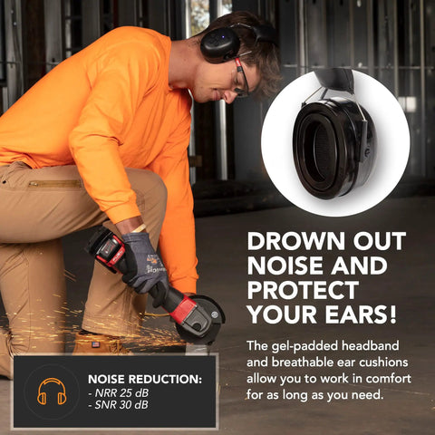 Man wearing Bluetooth Noise Cancelling Ear Muffs for Mowing, Shooting, and Construction Work 25 dB NRR using power tool