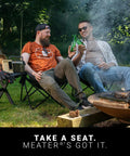 Two men sitting by campfire, laughing and clinking beer bottles, near 4 Probe WiFi Smart Meat Thermometer With Guided Cook System.