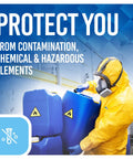 Heavy Duty Disposable Hazmat Suits Type 5 6 Chemical Protective Coveralls With Snug Elastic Hood worn while handling hazardous containers.