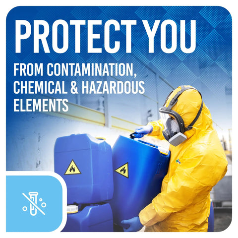 Heavy Duty Disposable Hazmat Suits Type 5 6 Chemical Protective Coveralls With Snug Elastic Hood worn while handling hazardous containers.