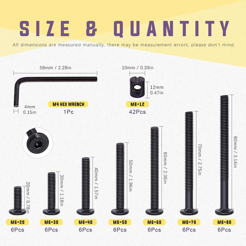 Crib And Furniture Fastener Kit With M6 Hex Socket Cap Screws And Barrel Nuts, 84 Pieces Black Nickel Plated, Includes Allen Wrench