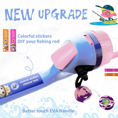 Close-up of Kid Friendly Portable Telescopic Fishing Rod And Reel Combo With Tackle Box In Lavender And Blossom Pink, stickers