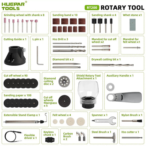 Powerful Rotary Tool Kit With Flex Shaft 200W Motor 6 Speed Levels From 10000 To 40000 RPM 239 Piece Accessory Set Guide