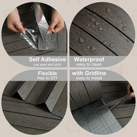 Hands demonstrating the peel and stick feature of Grey Peel And Stick Wood Wall Panels 3D PVC Wood Slat Wallpaper 12X197.