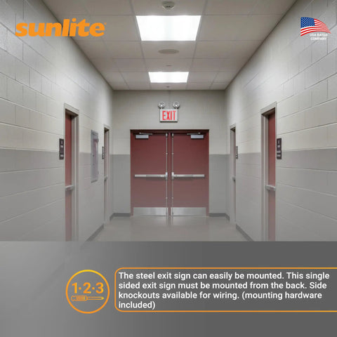 LED Exit Sign Combo With Steel Housing And Red Lettering, 90-Min Battery Back-Up, Dual 360 Degree Adjustable Heads, 200 Lumens, 120-277V, Fire Safety, NYC Compliant