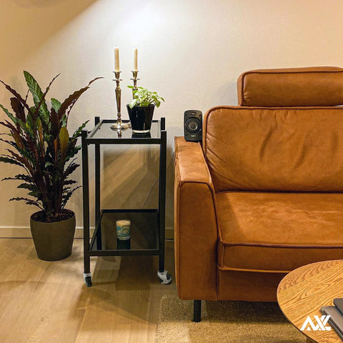 Living room scene with utility cart using 5/16 UNC Threaded Stem 2 Inch Swivel Caster Wheels, adjacent to a brown couch.
