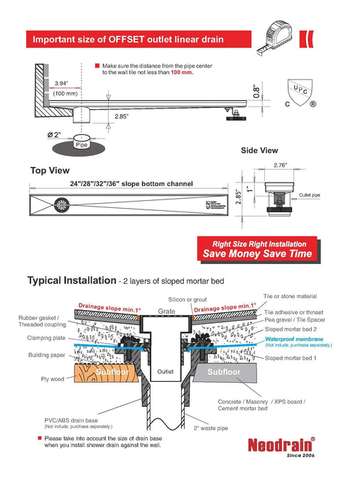 Installation diagram showcasing 36 Inch Offset Linear Shower Drain With Side Outlet And Quadrato Grate Cover Brushed 304 Stainless Steel Rectangle Floor Drain With Leveling Feet And Hair Strainer Catcher For Easy Install Heavy Duty.